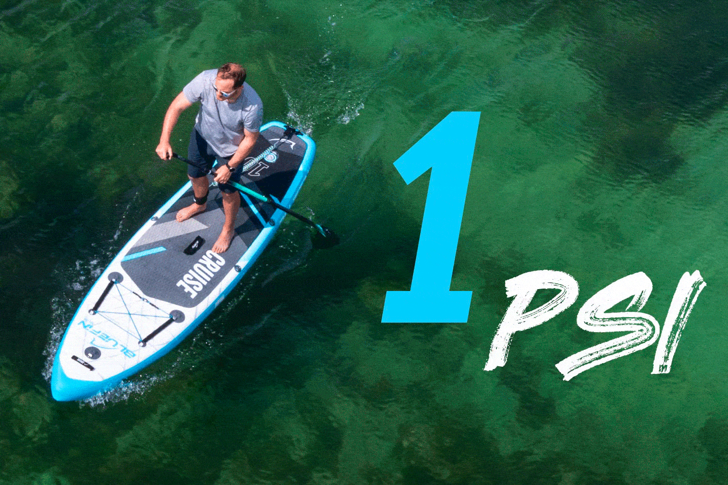 Man paddling an inflatable paddleboard on clear water, with text '1 PSI' in the corner
