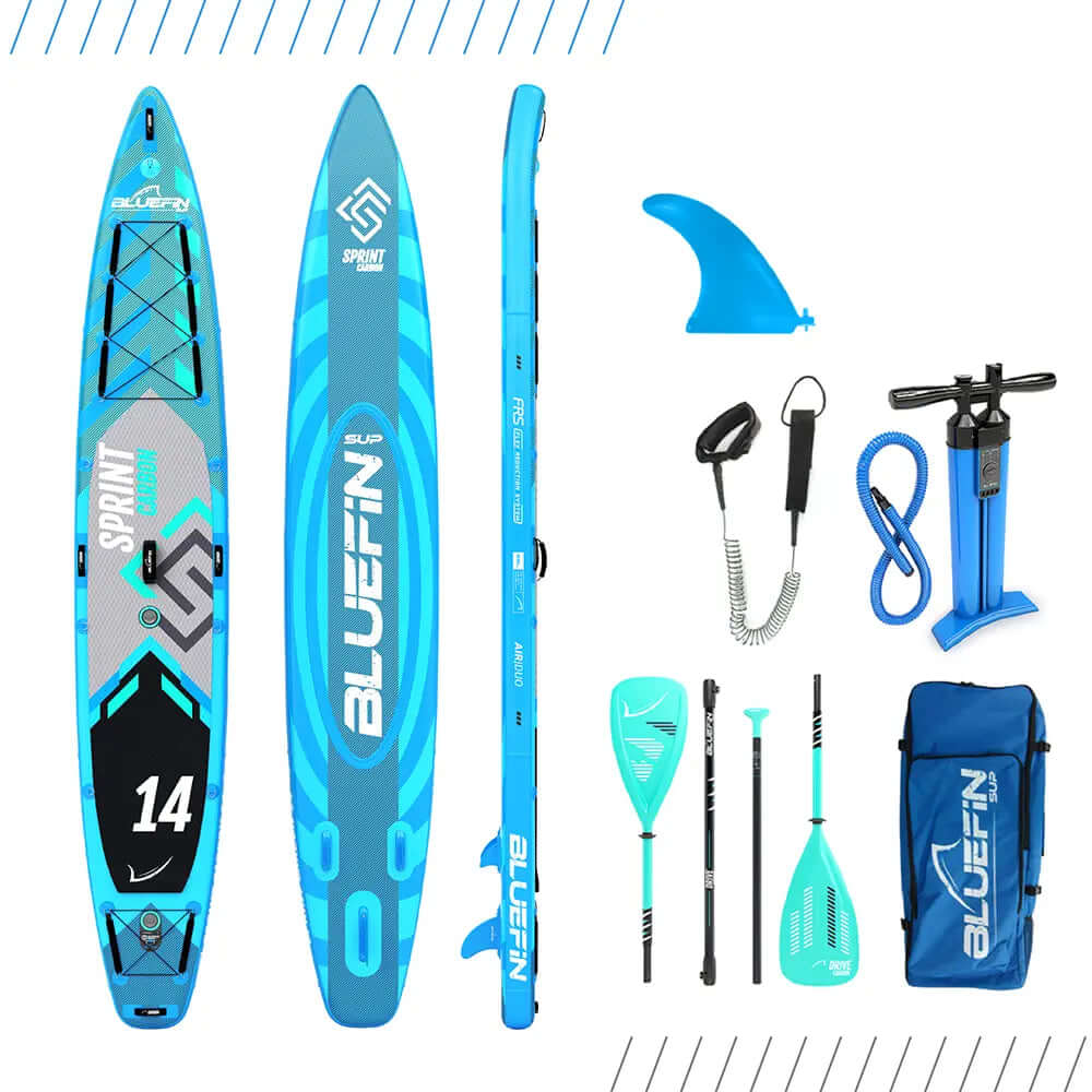 Inflatable paddleboard in blue with center fin, paddle, pump, leash, and carrying bag