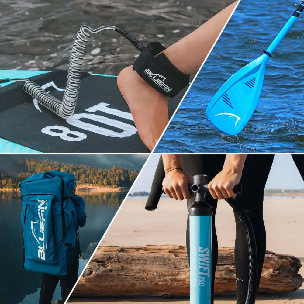 Collage de produits Bluefin SUP : laisse de cheville, paddle bleu, sac à dos et pompe de gonflage.