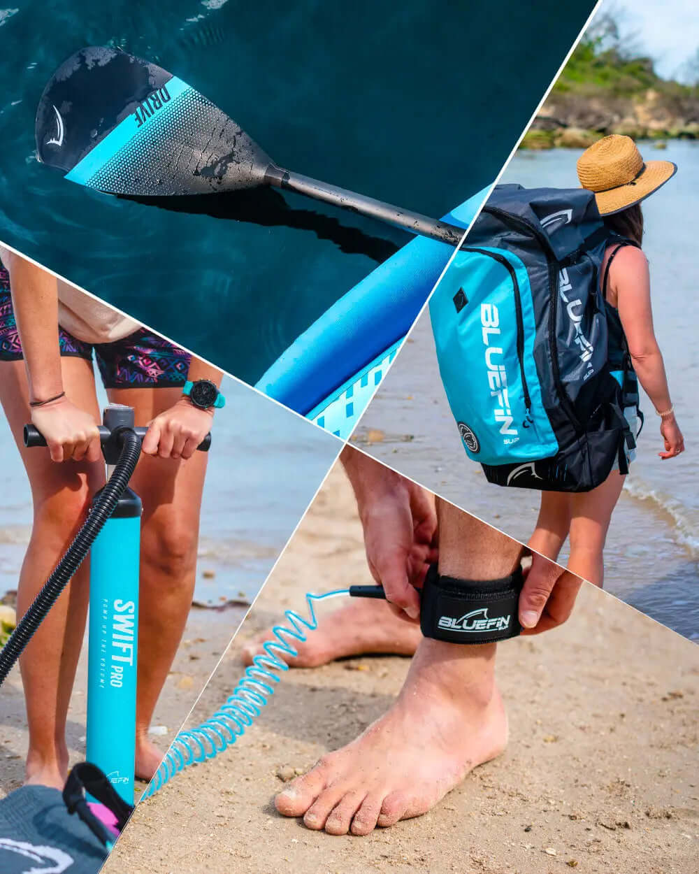 Collage of paddleboard gear: paddle, pump, leash, and person with backpack on beach