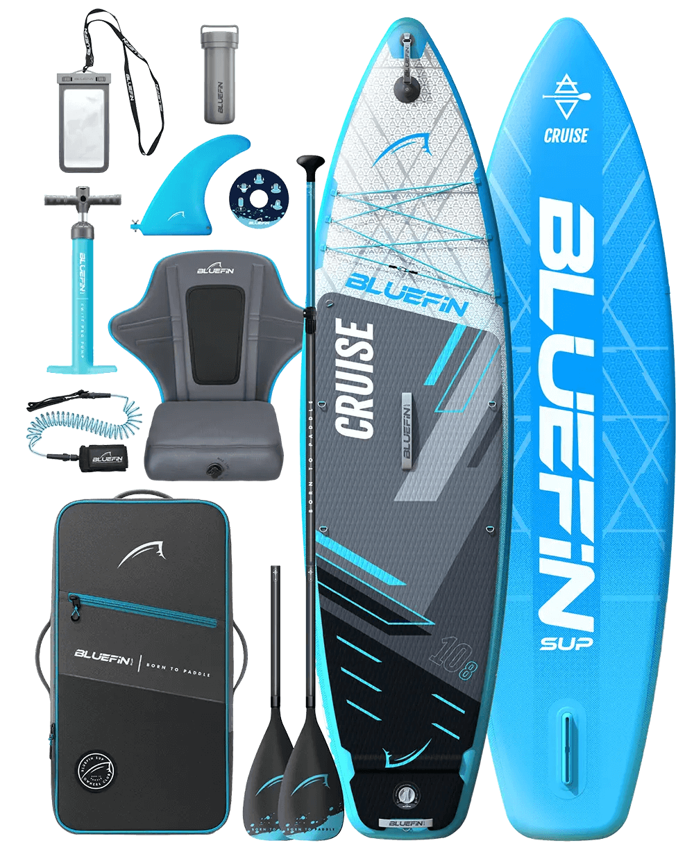 Aufblasbares Paddleboard mit Zubehör: Sitz, Paddel, Pumpe und Tragetasche in Blau und Grau