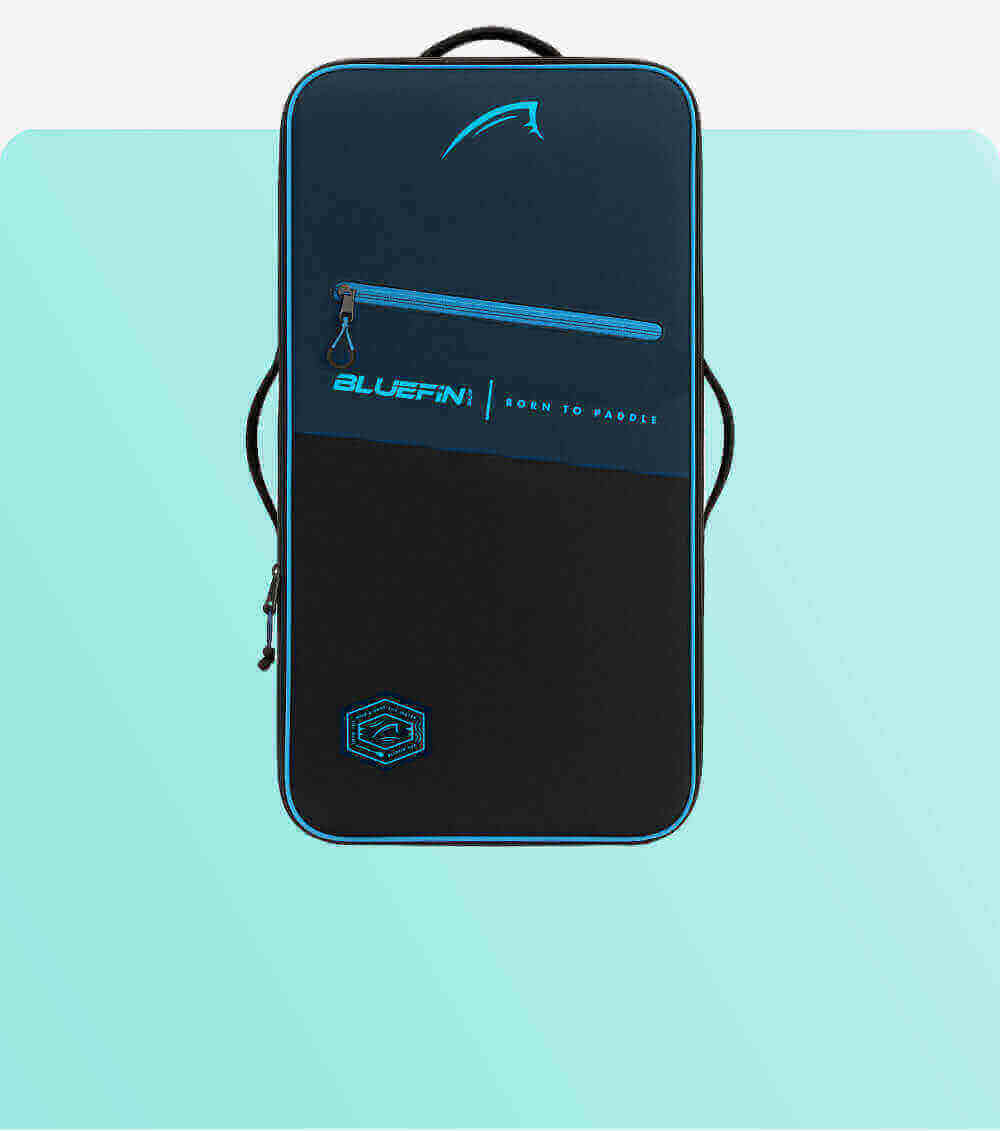 Bluefin paddleboard bag in navy and black with zipper and logo, designed for storage and transport
