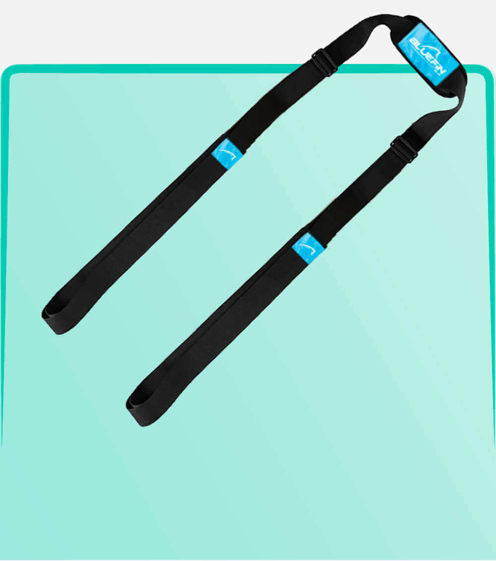 Black carrying straps with blue logo, designed for transporting paddleboards or similar gear.