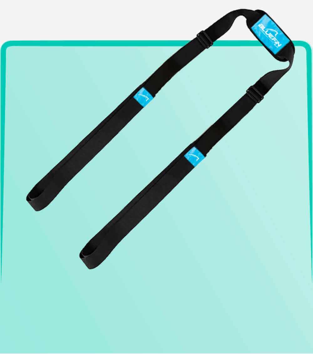 Black carrying straps with blue logo, designed for transporting paddleboards or similar gear.