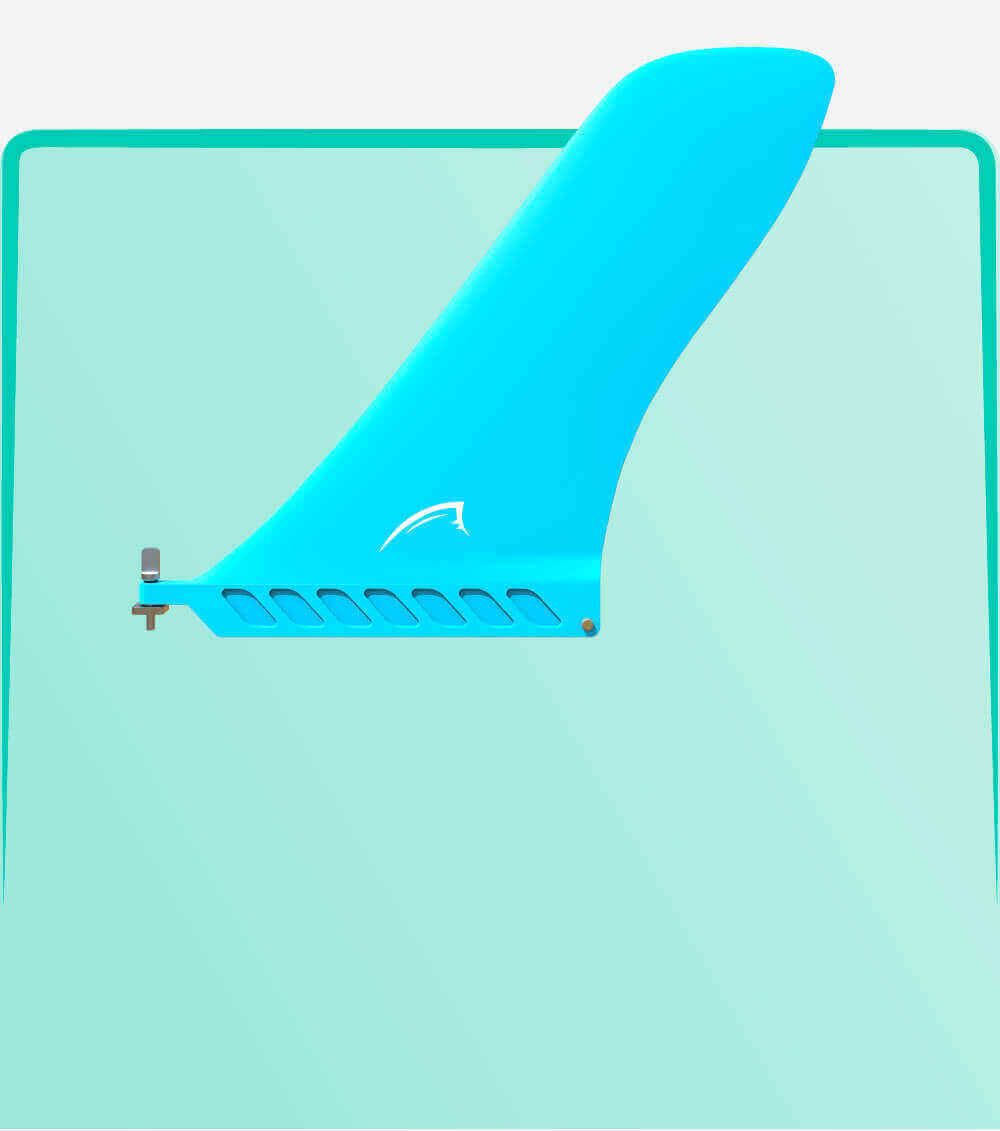 Blue fin for paddleboard with a curved top and slotted base for attachment