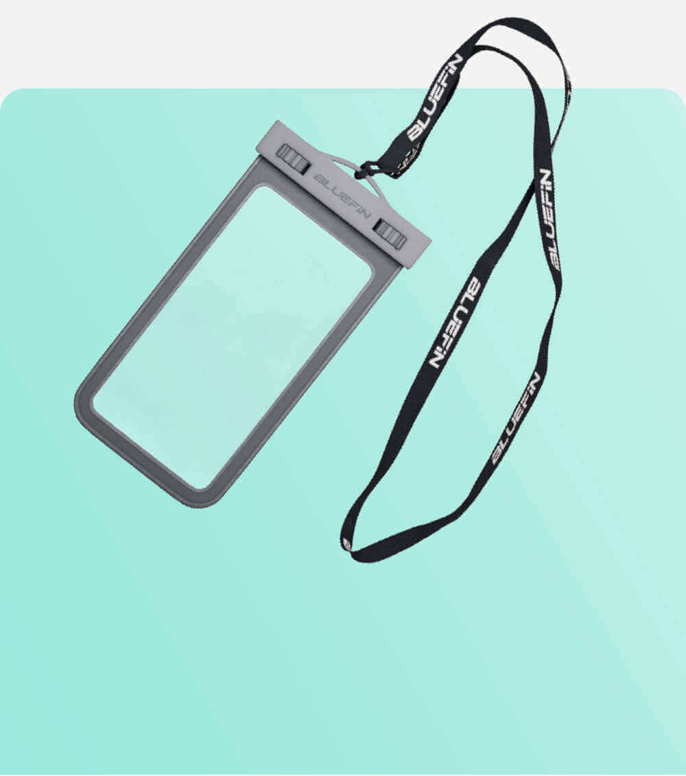 Waterproof phone case with gray frame and adjustable lanyard on a light blue background