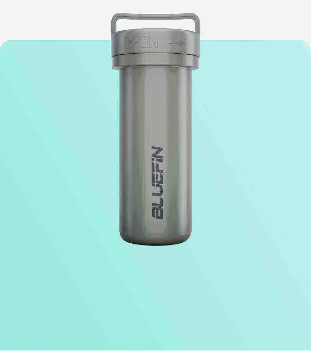 Gray waterproof container with an open lid and the word BLUEFIN printed on the side