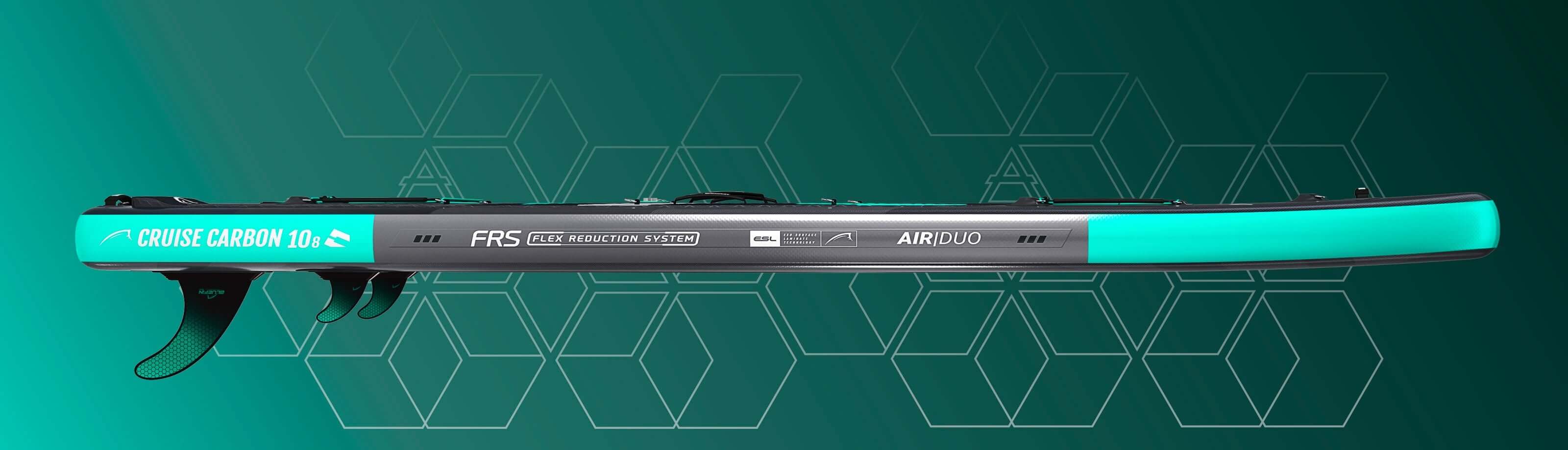 Inflatable paddleboard with teal and gray design, featuring FRS and AIR DUO labels, and two fins.