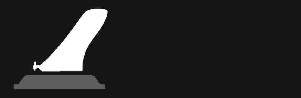 Paddleboard fin in white silhouette on a dark background, showing fin shape and attachment point