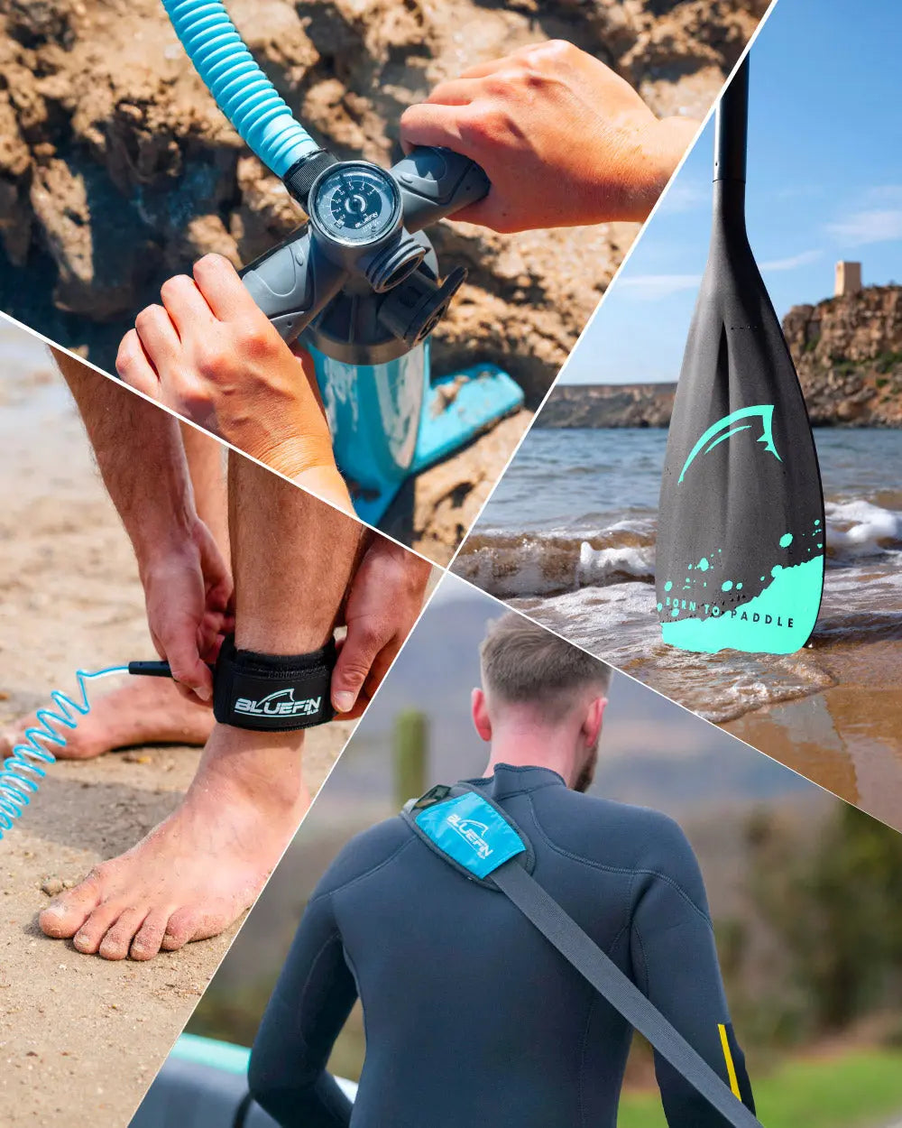 Collage of paddleboarding gear: pump, paddle, ankle leash, and wetsuit with Bluefin branding.