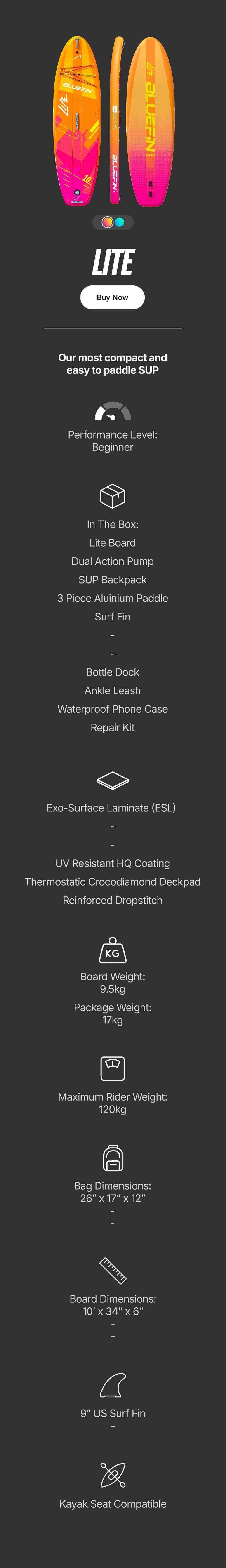 Inflatable paddleboard in orange and pink with textured deck, center fin, and included accessories