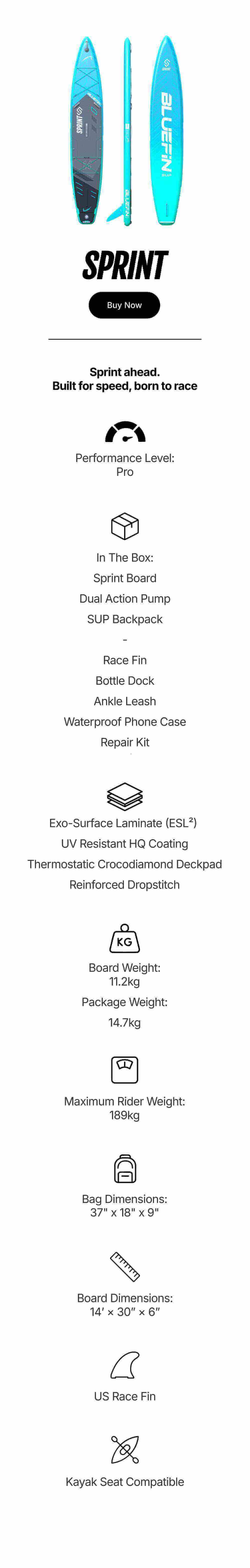 Inflatable paddleboard in blue and teal with a textured deck pad and center fin, dimensions listed