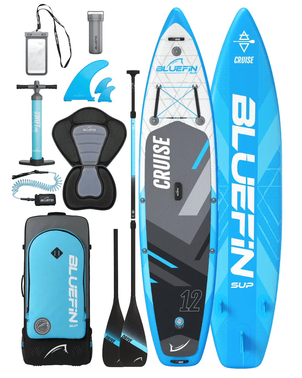 Inflatable paddleboard with blue and gray design, pump, paddle, backpack, and accessories for water sports.