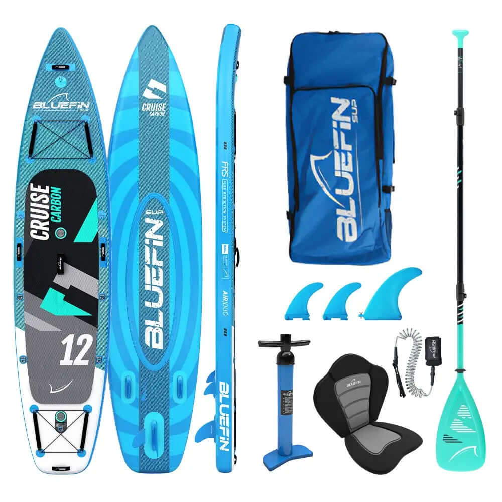 Aufblasbares Paddleboard mit blauem und grauem Design, Paddel, Finnen, Pumpe und Tragetasche inklusive.