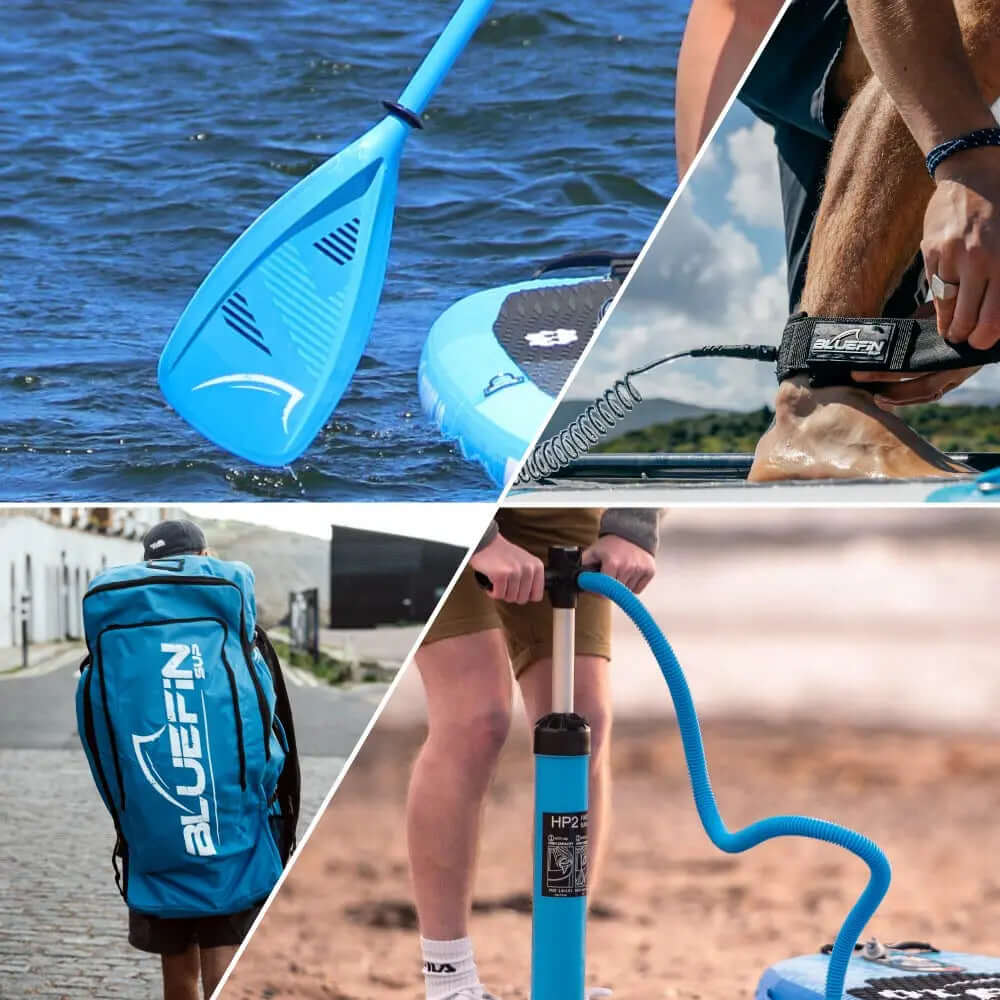 Collage aus einem blauen Paddel, Rucksack, Leash und Pumpe für Paddleboard-Ausrüstung