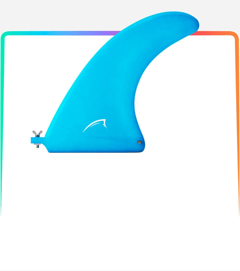 Blue surfboard fin with a curved shape and a mounting screw for attachment
