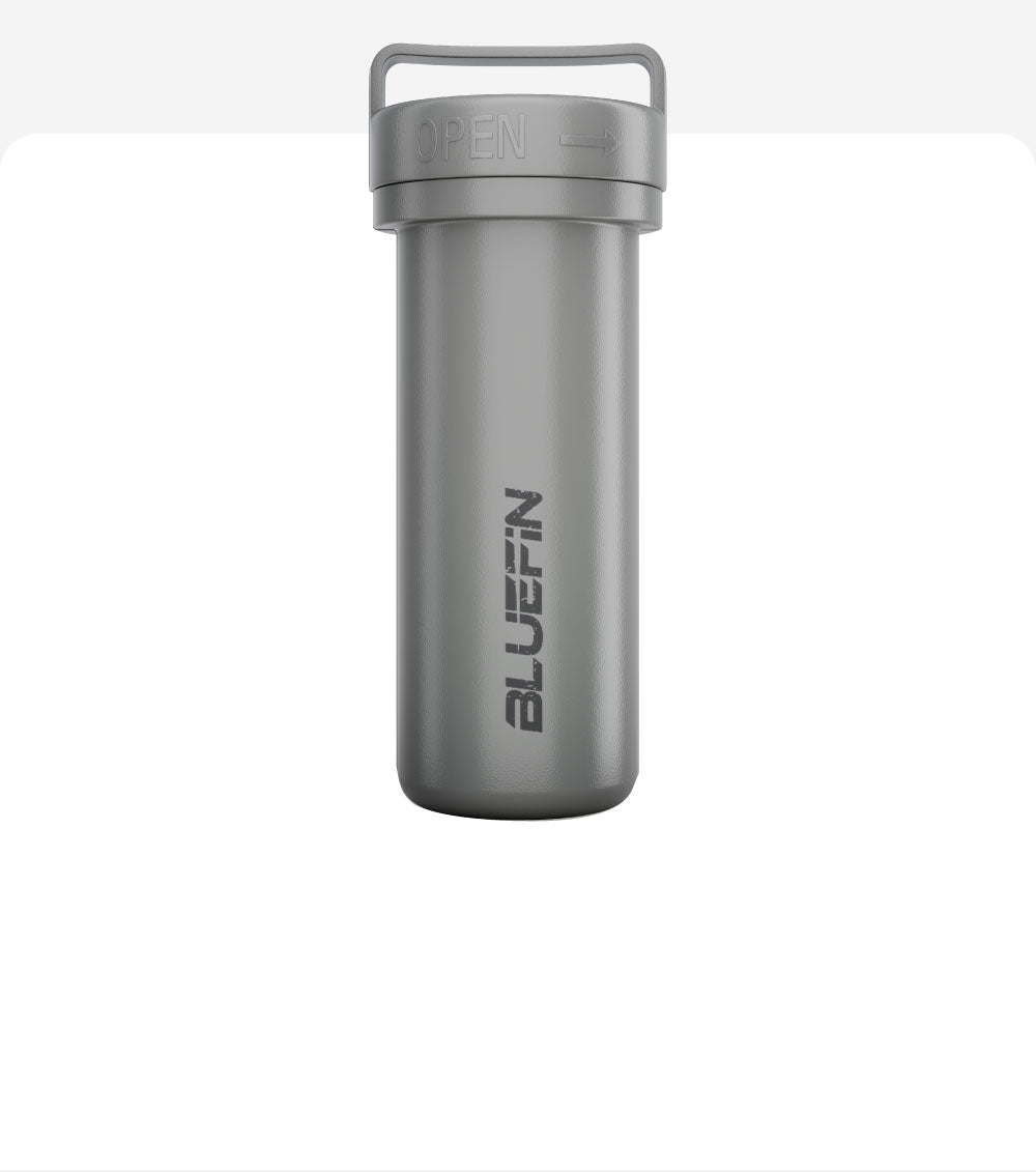 Gray waterproof container with a lid labeled 'OPEN' and 'BLUEFIN' logo on the side