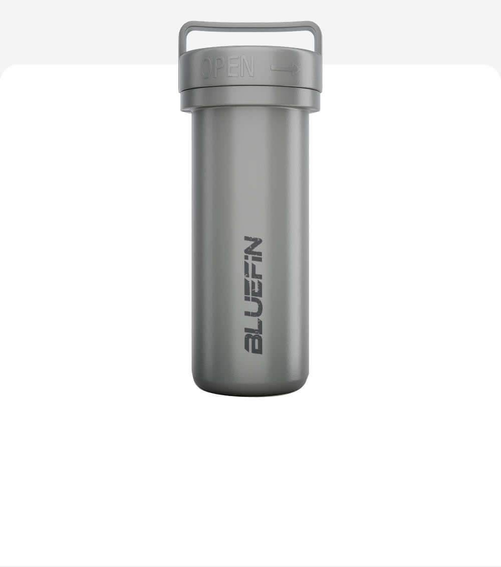 Gray waterproof container with a lid labeled 'OPEN' and 'BLUEFIN' logo on the side