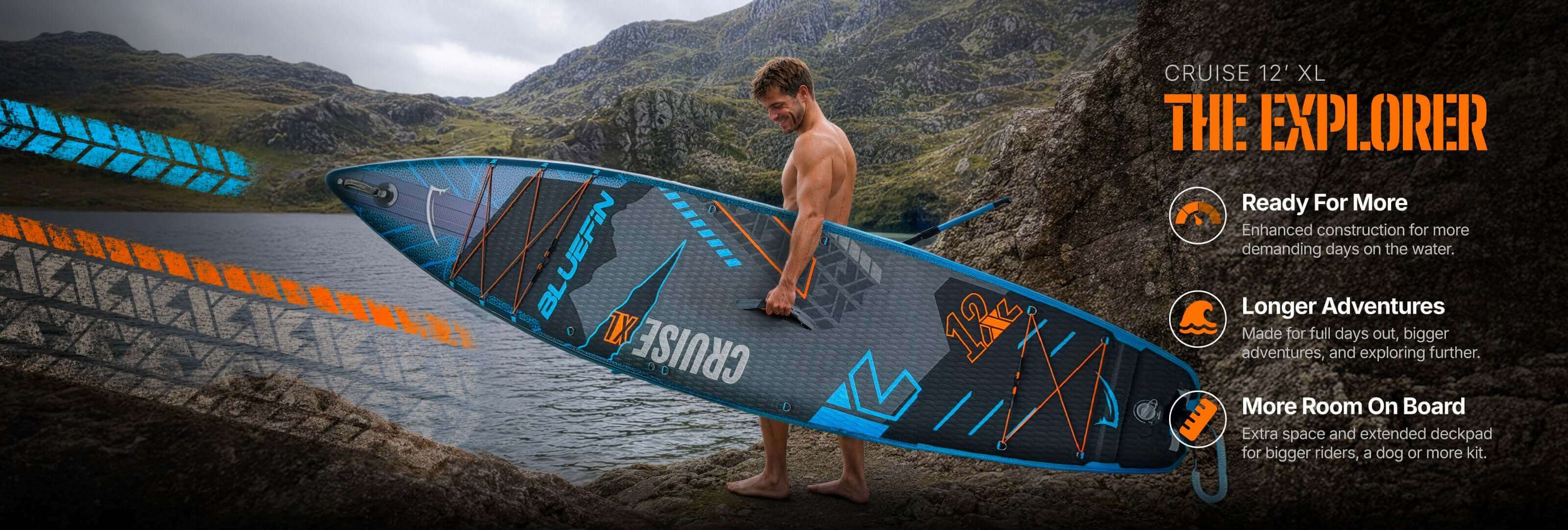 Inflatable paddleboard with textured deck, center fin, and orange and blue design on a rocky shore