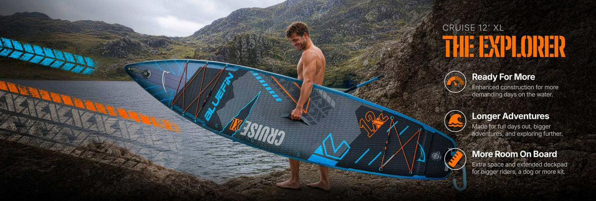 Aufblasbares Paddleboard mit strukturierter Standfläche, Mittelfinne sowie orange-blauem Design an einem felsigen Ufer