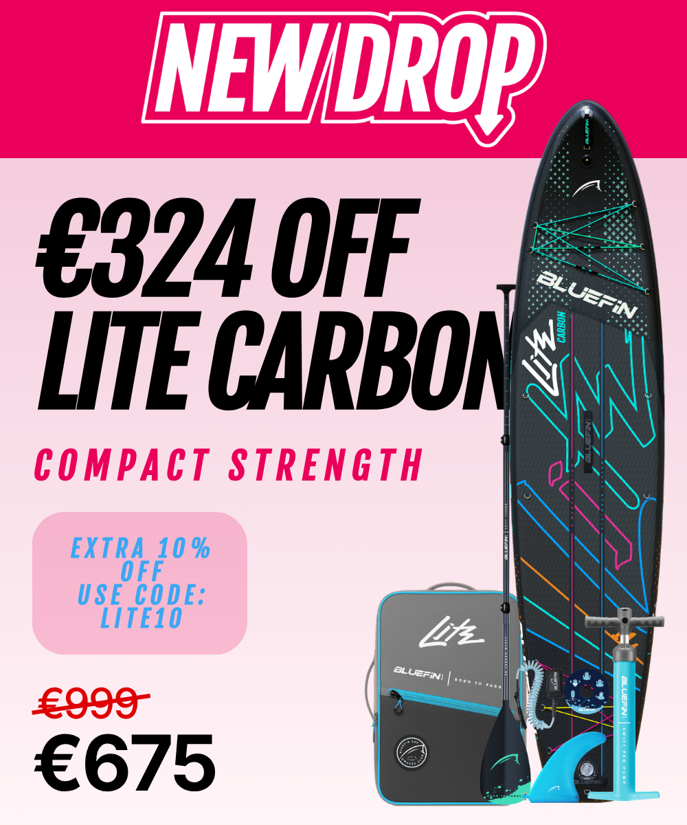 Inflatable Lite Carbon paddleboard with paddle, pump, and carrying bag, featuring colorful design and price details