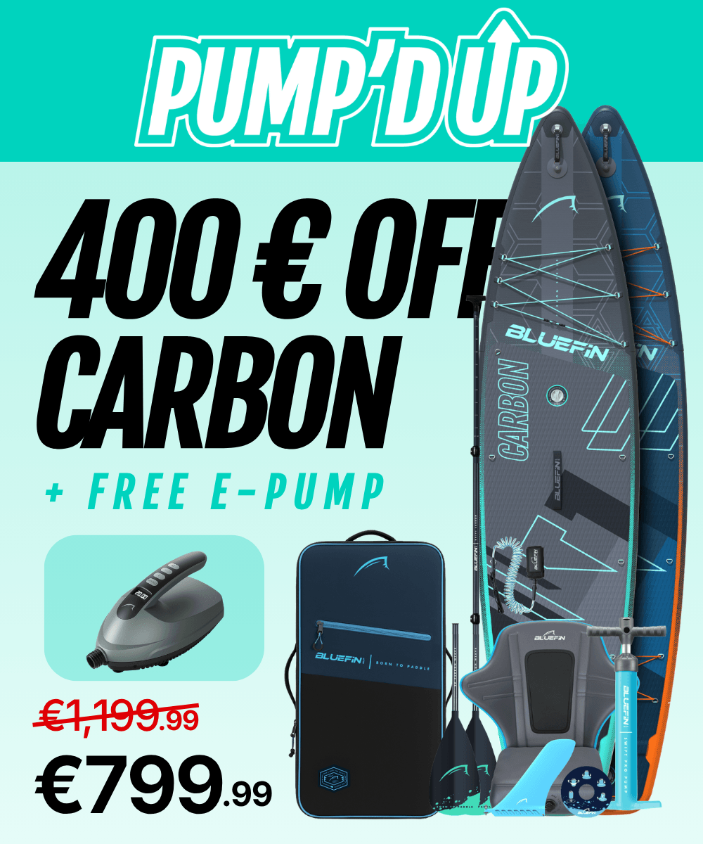 Inflatable paddleboard set with two boards, e-pump, paddle, and carrying bag, featuring a blue and gray design.