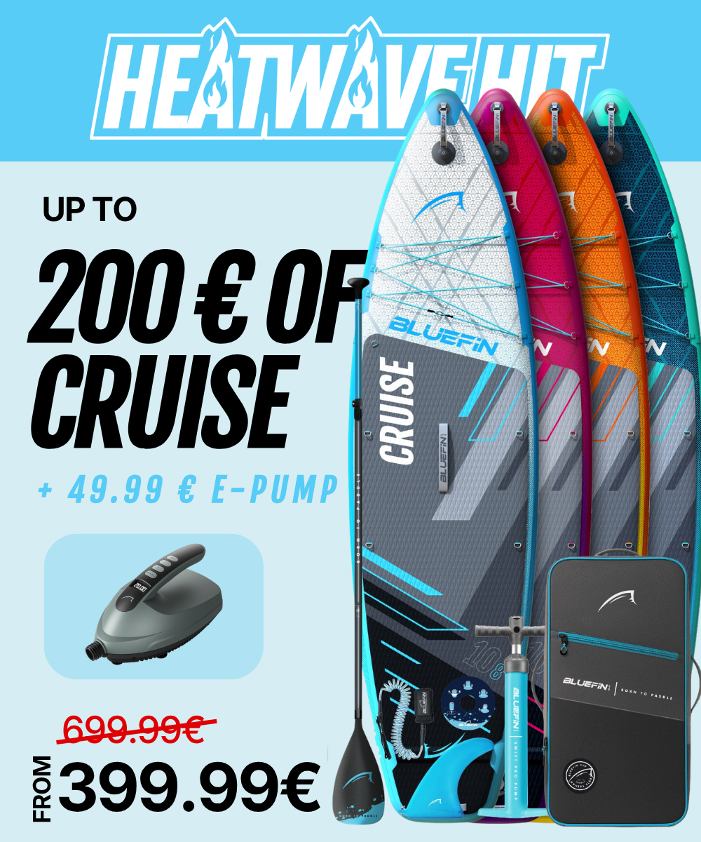 Three inflatable paddleboards in blue, pink, and orange with a pump and paddle, showcasing a sale price.