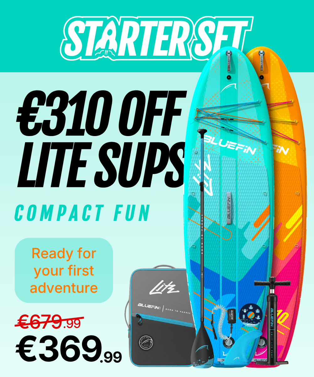 Two colorful inflatable paddleboards with a paddle and pump, showcasing a discount and starter set details.