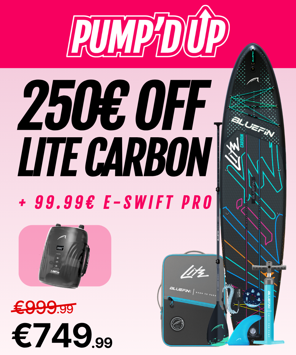Inflatable paddleboard with colorful design, paddle, pump, and E-Swift Pro included in the offer