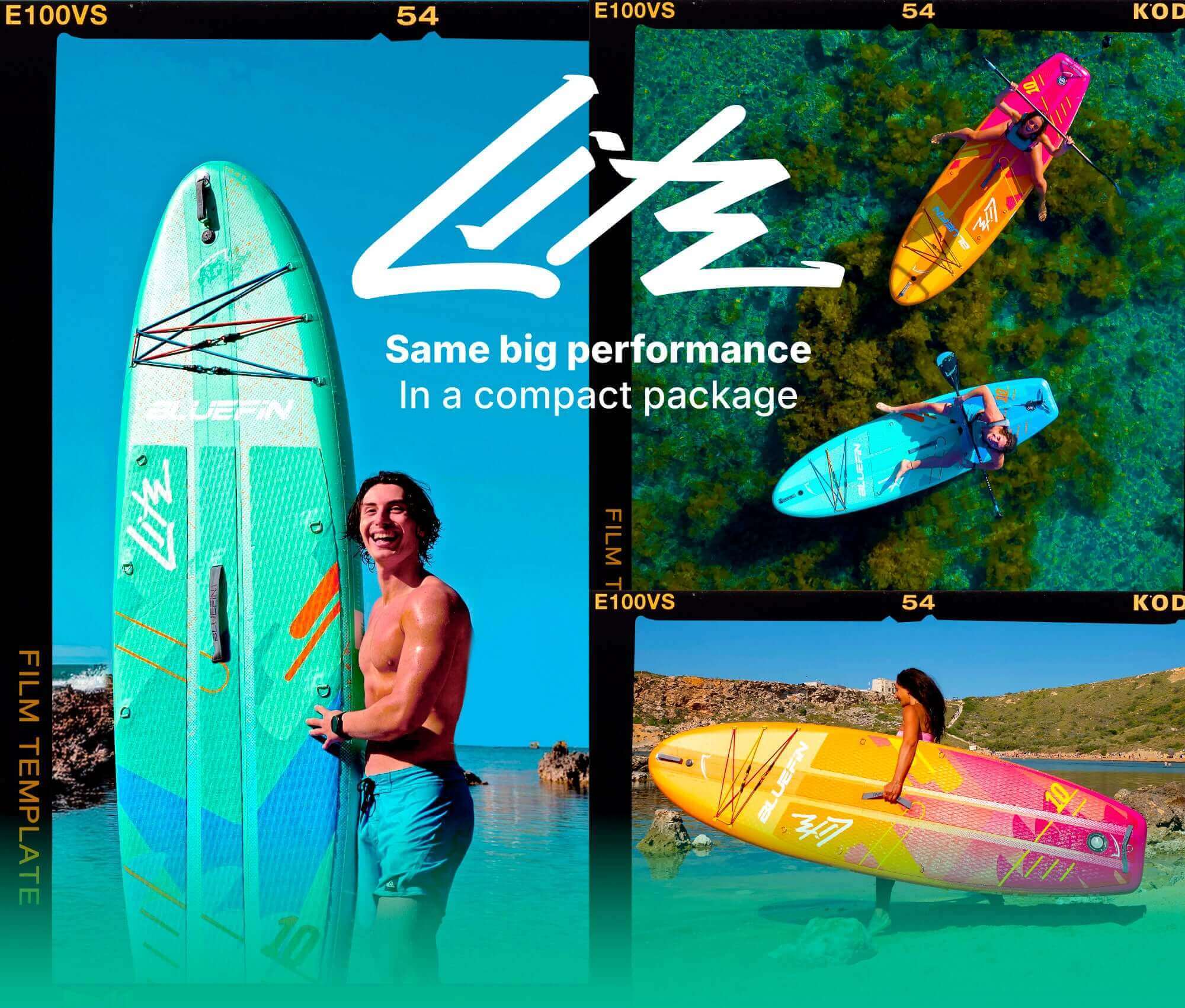 Three inflatable paddleboards in vibrant colors on water, with people paddling and smiling.