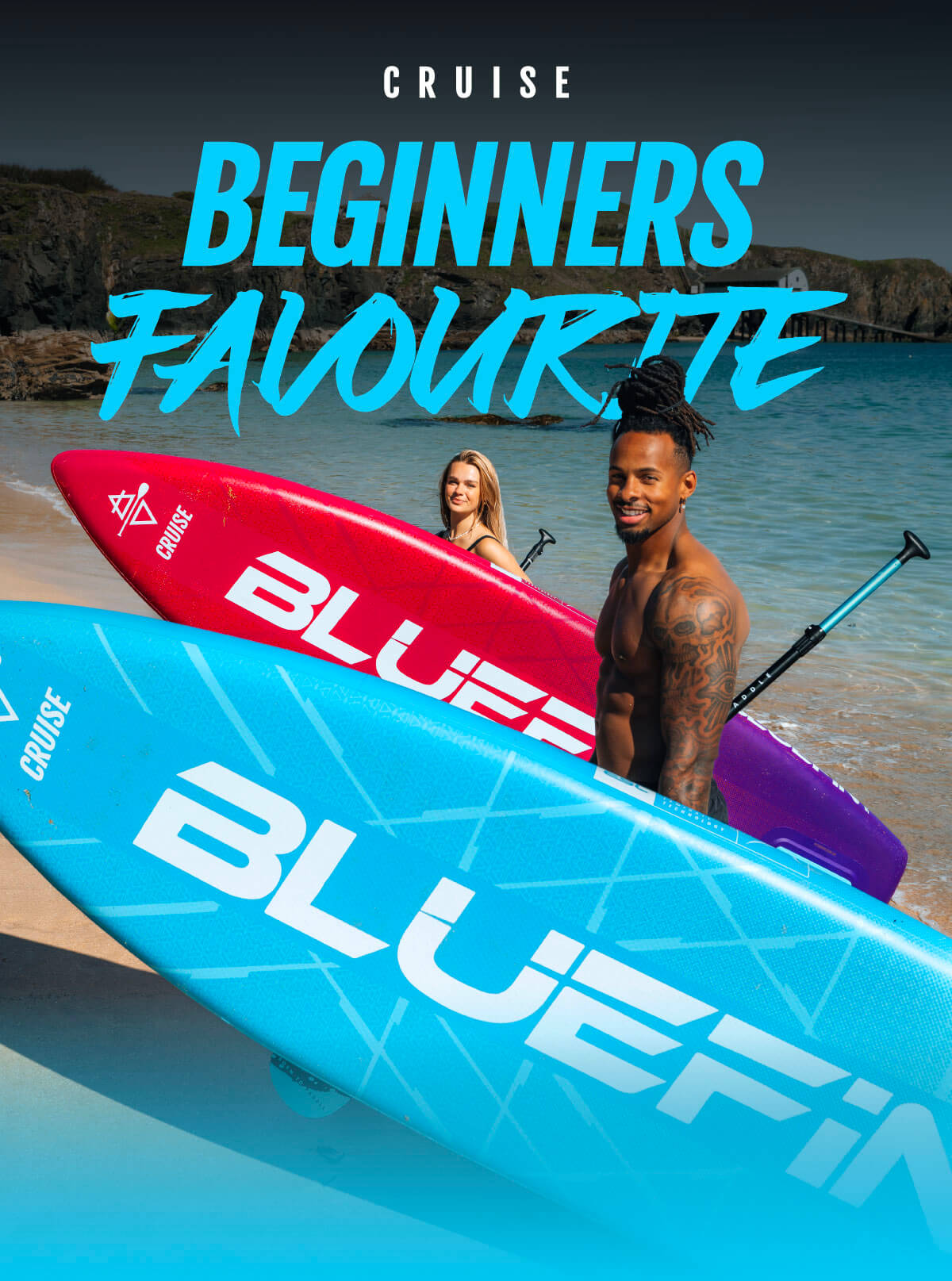 Two paddleboards in blue and red with the text 'Beginners Favourite' on a beach setting