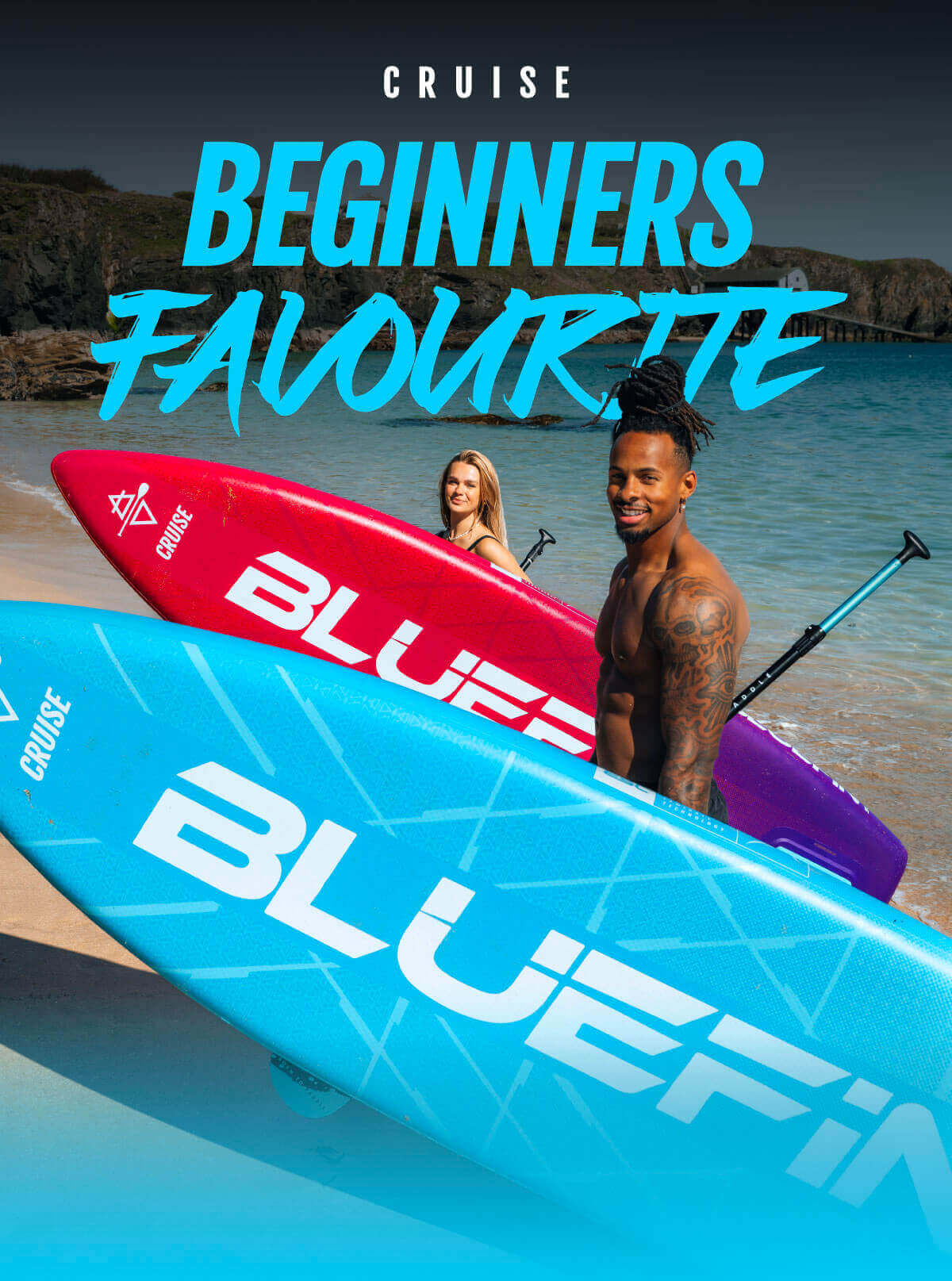Two paddleboards in blue and red with the text 'Beginners Favourite' on a beach setting