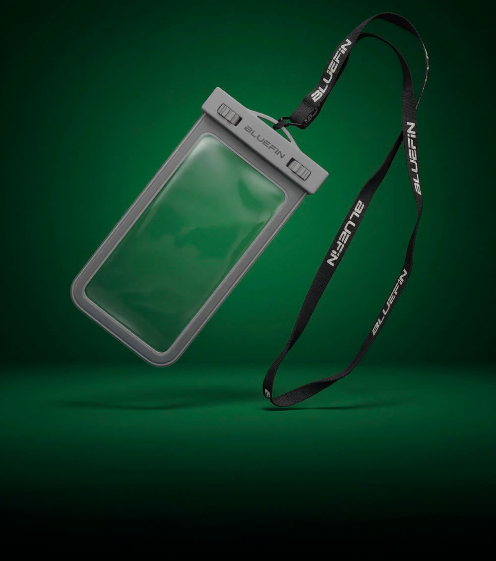 Gray waterproof phone pouch with lanyard, featuring a clear front and secure closure.