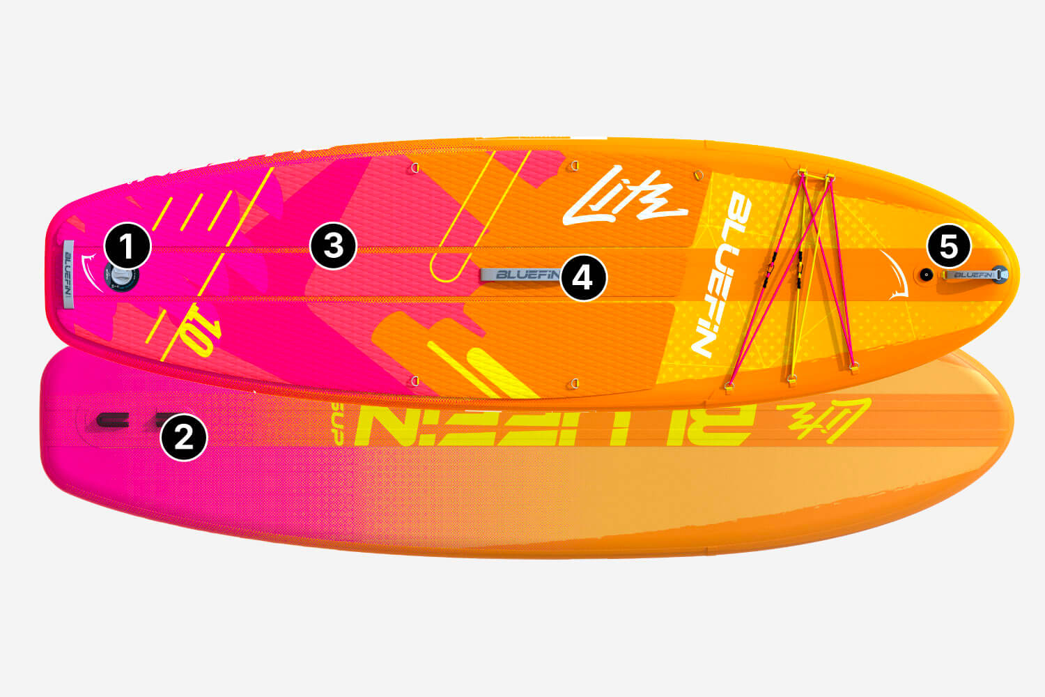 Inflatable paddleboard in pink and orange with center fin, textured deck, and bungee storage system