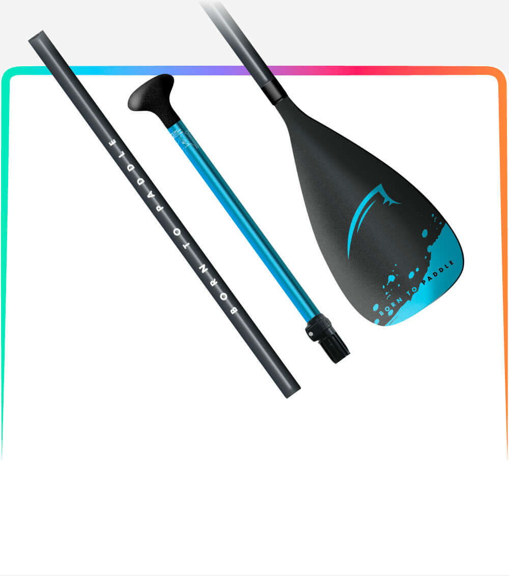 Three-piece paddle with a black blade, blue shaft, and black grip, labeled 'BORN TO PADDLE