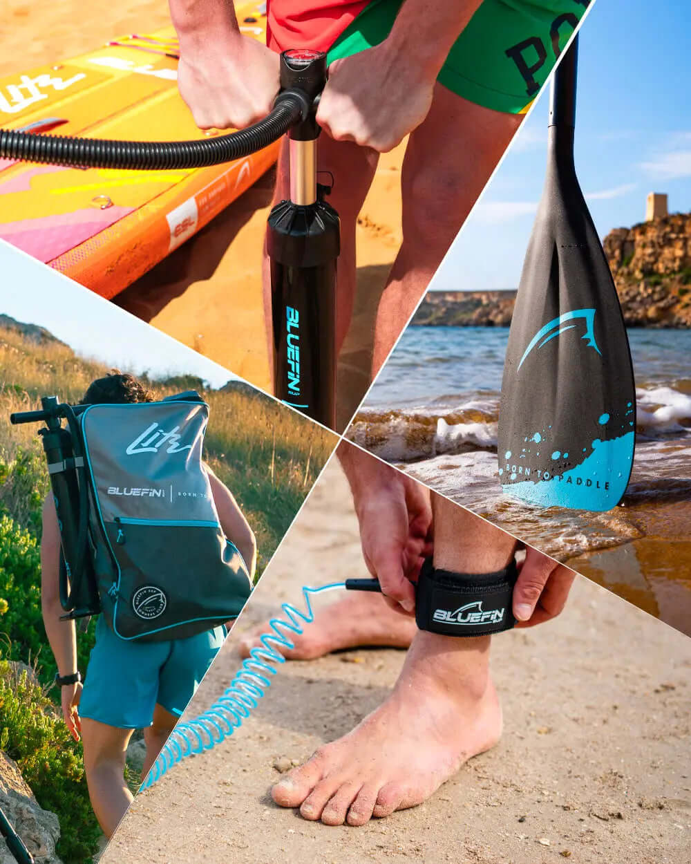 Collage of Bluefin SUP products: pump, paddle, backpack, and ankle leash on beach.