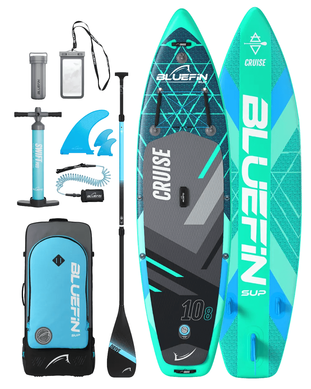 Inflatable paddleboard with blue and gray design, paddle, pump, fins, and carrying backpack included.