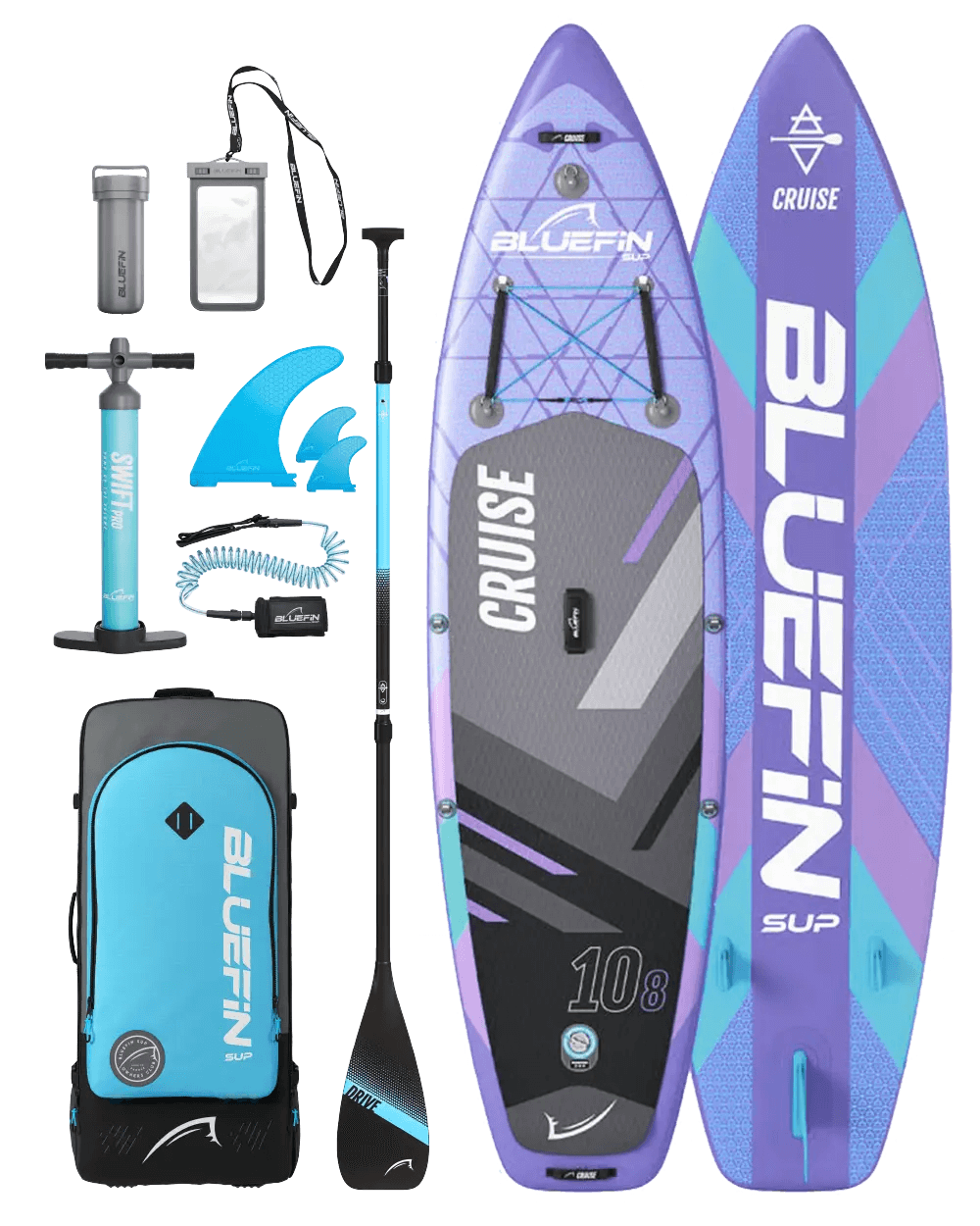 Inflatable paddleboard kit including paddle, pump, fins, backpack, and waterproof phone case