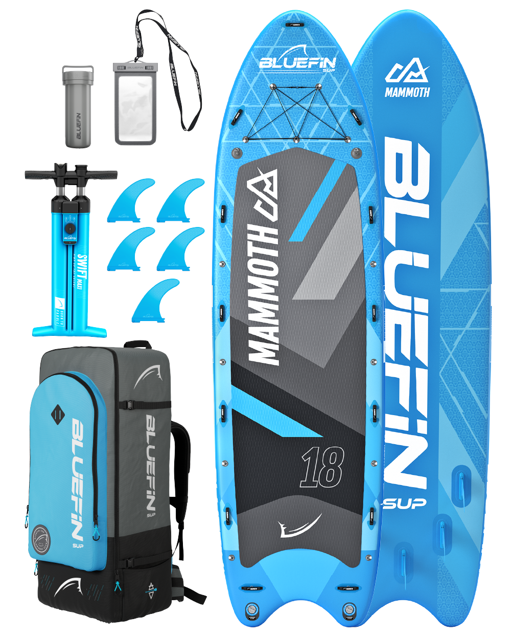 Inflatable paddleboard with blue and gray design, pump, fins, backpack, and waterproof phone case.