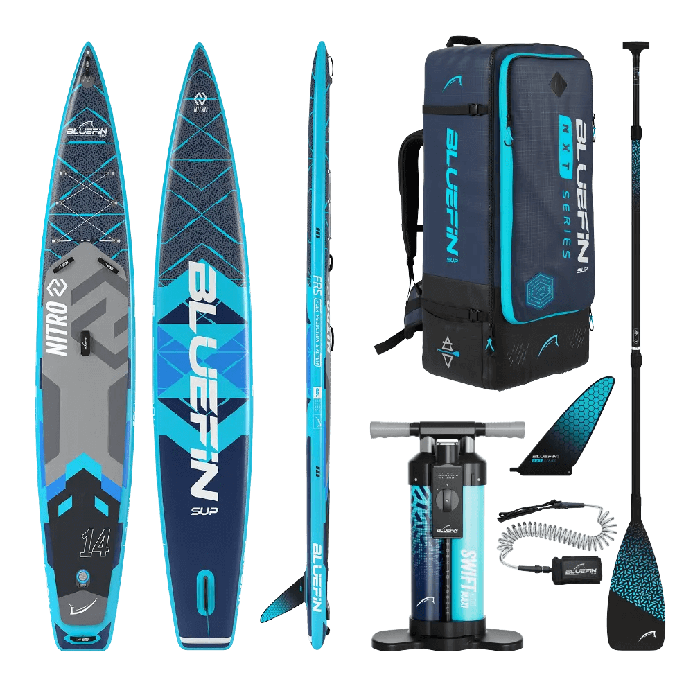 Stand up paddleboard gonfiabile con design blu e grigio, paddle, pompa e zaino per il trasporto.