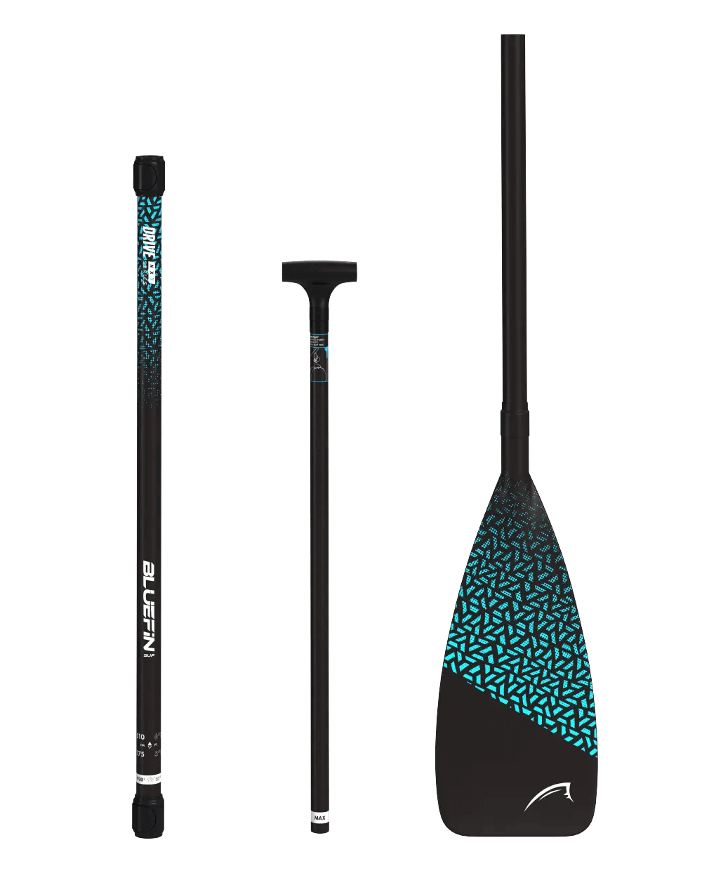 Three-piece adjustable paddle with black shaft and blue patterned blade for paddleboarding.