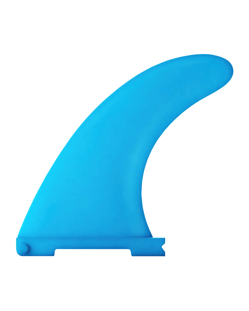 Blue surfboard fin with a curved shape and a flat base for attachment
