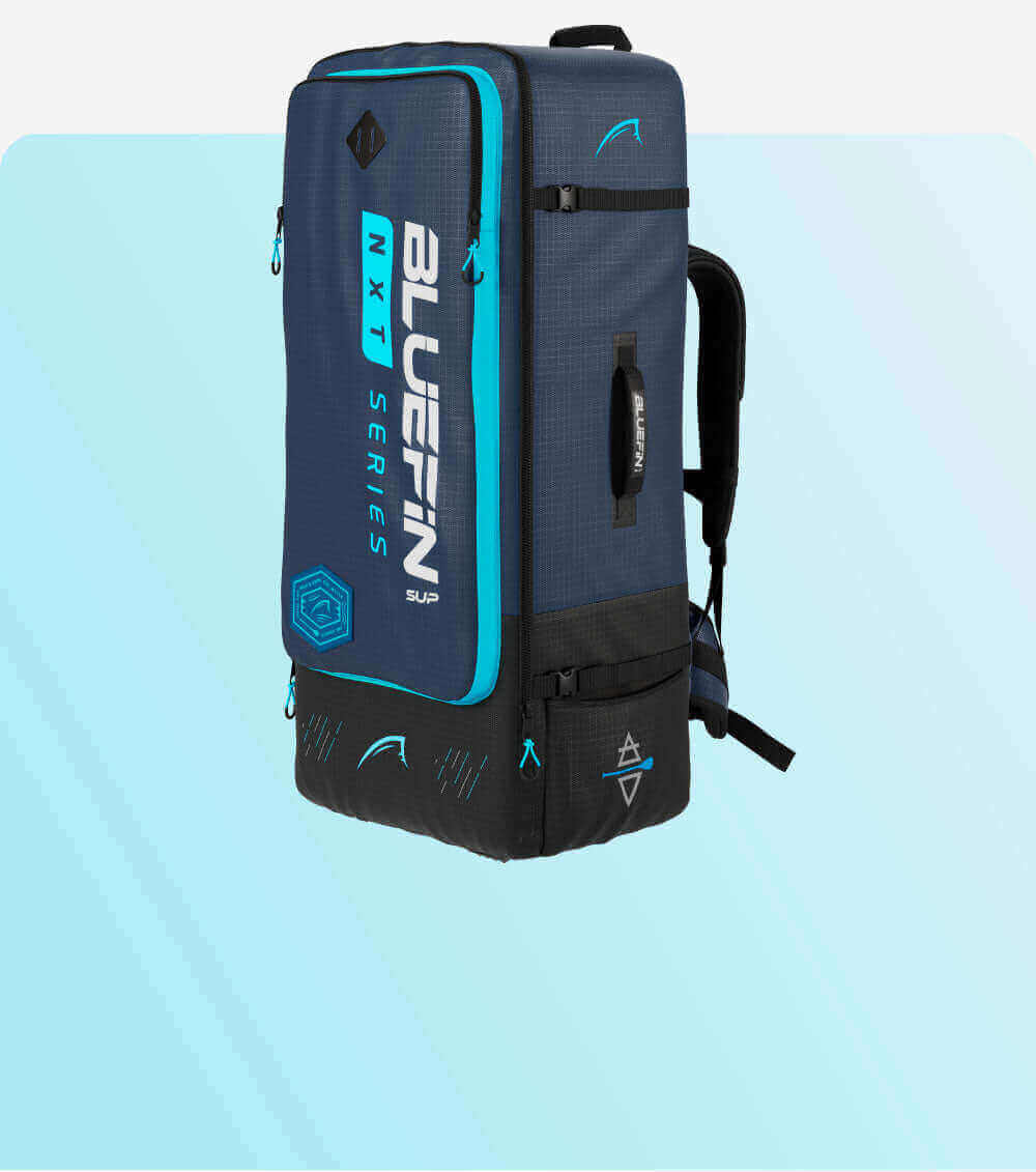 Bluefin SUP NXT Series backpack in navy and turquoise with adjustable straps and multiple compartments