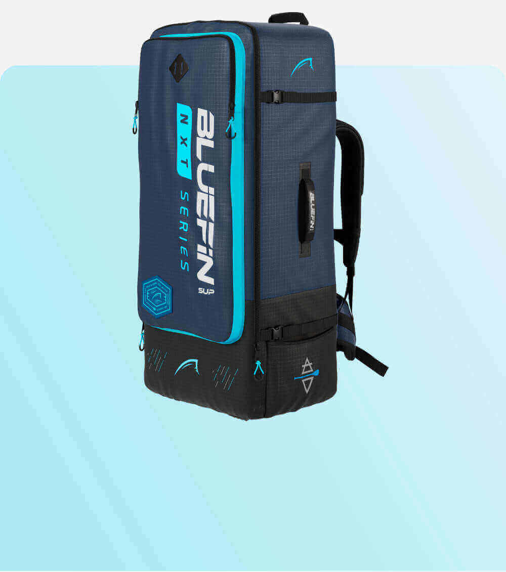 Bluefin SUP NXT Series backpack in navy and turquoise with adjustable straps and multiple compartments