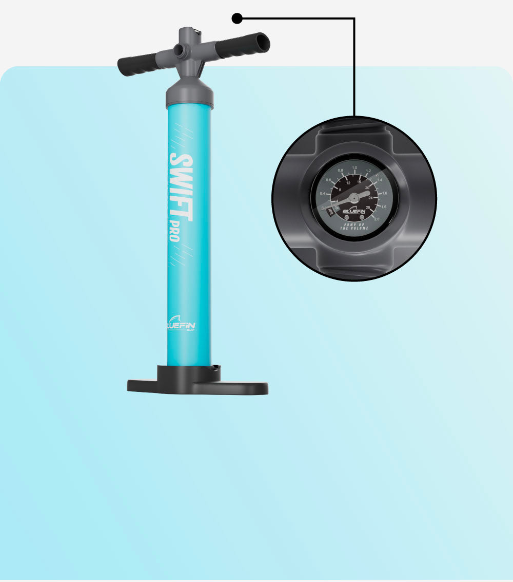 Bluefin SWIFT PRO hand pump in turquoise with pressure gauge and black base for inflating paddleboards.
