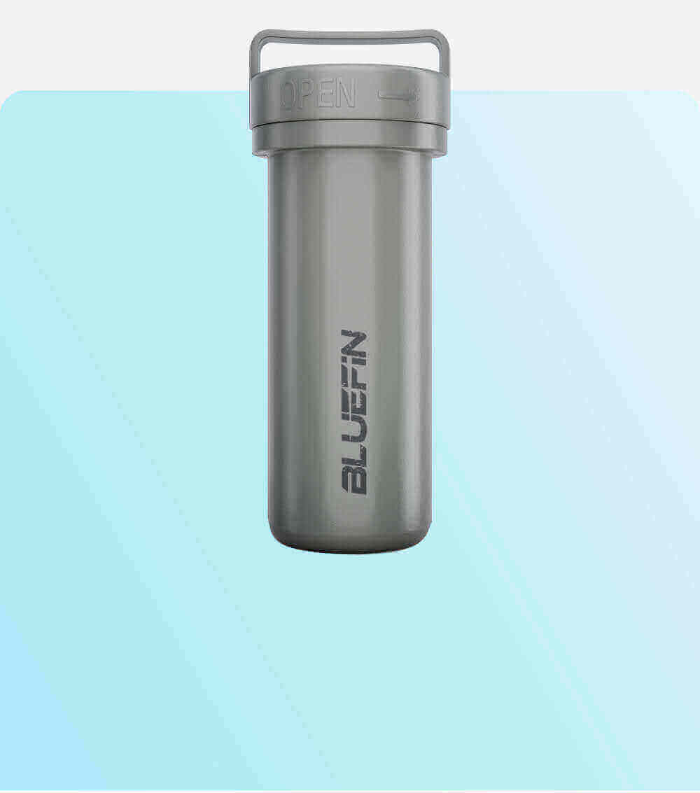 Gray waterproof container with an open lid, featuring the Bluefin logo on the side.