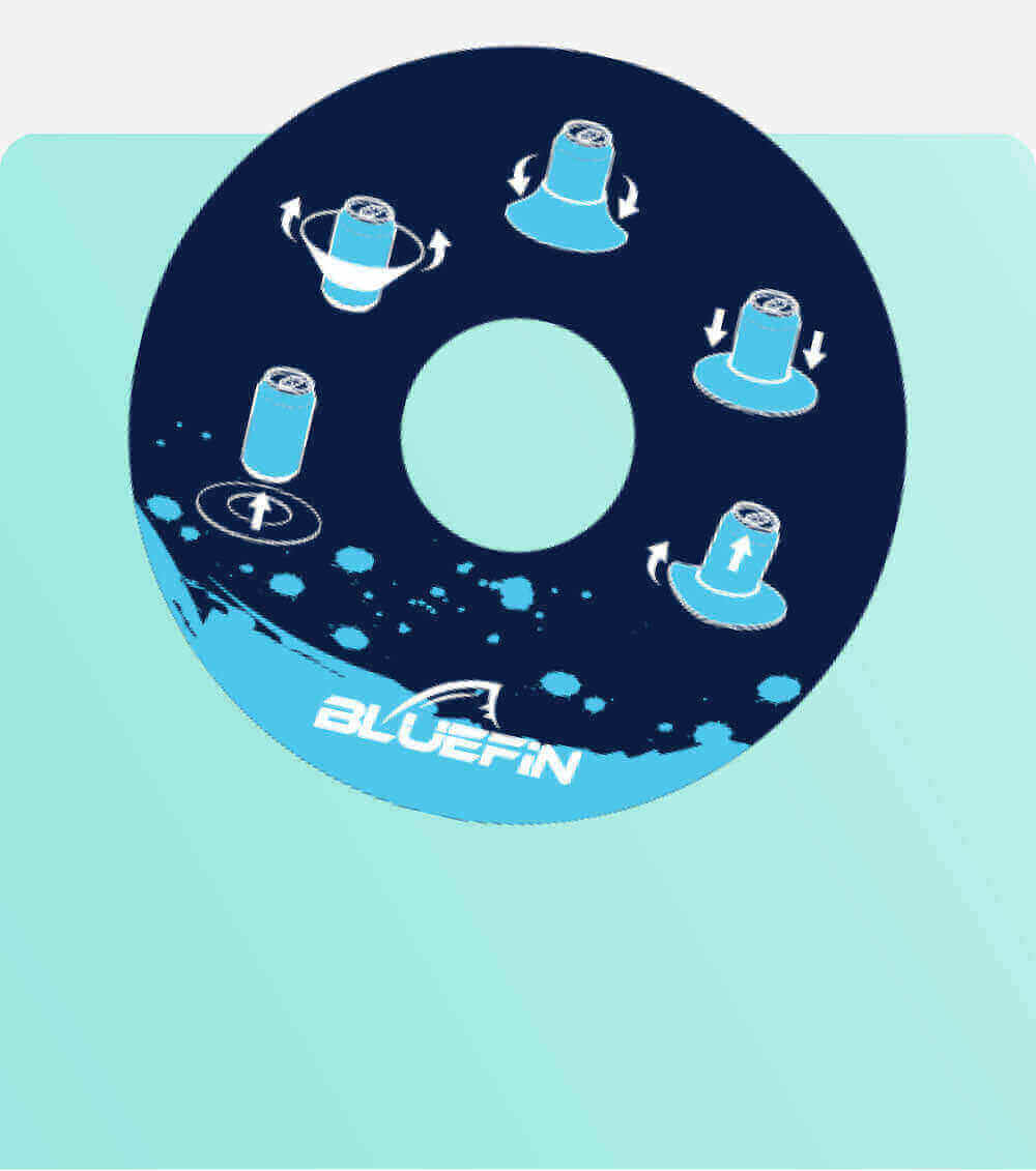 Round Bluefin product with instructions for use, showing various directional movements and a central hole.