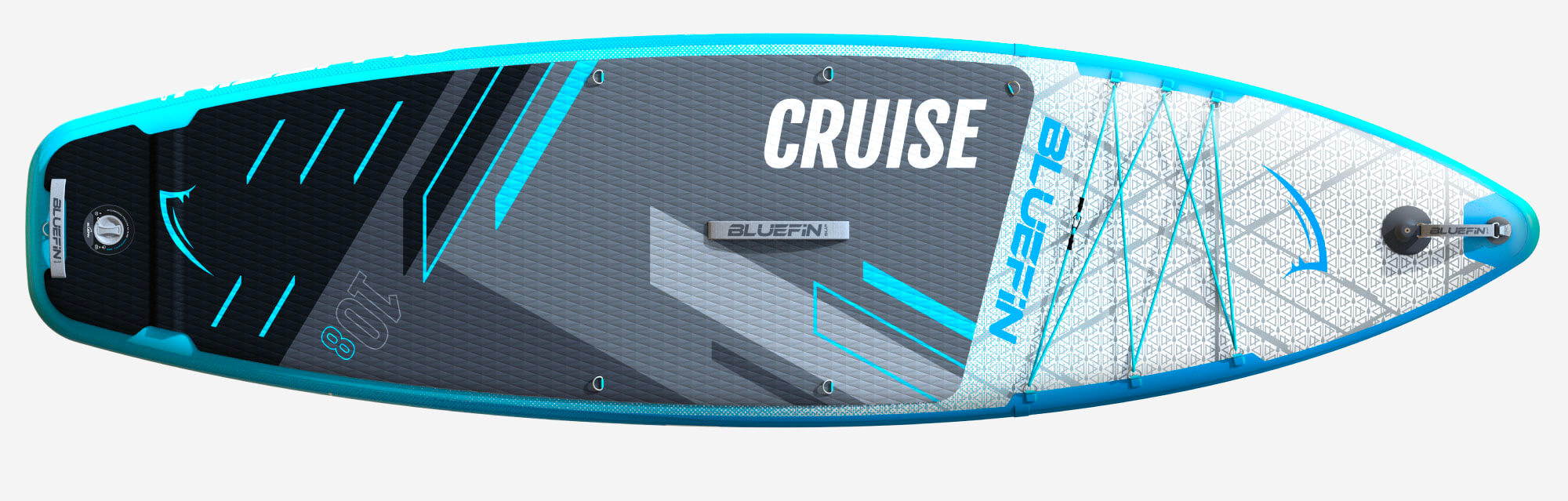 Inflatable paddleboard with textured deck, center fin, and blue accents for stability and performance