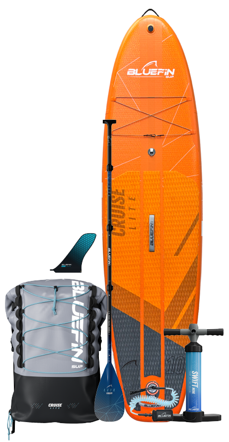 Inflatable paddleboard in orange with textured deck, paddle, fin, pump, and carrying backpack.