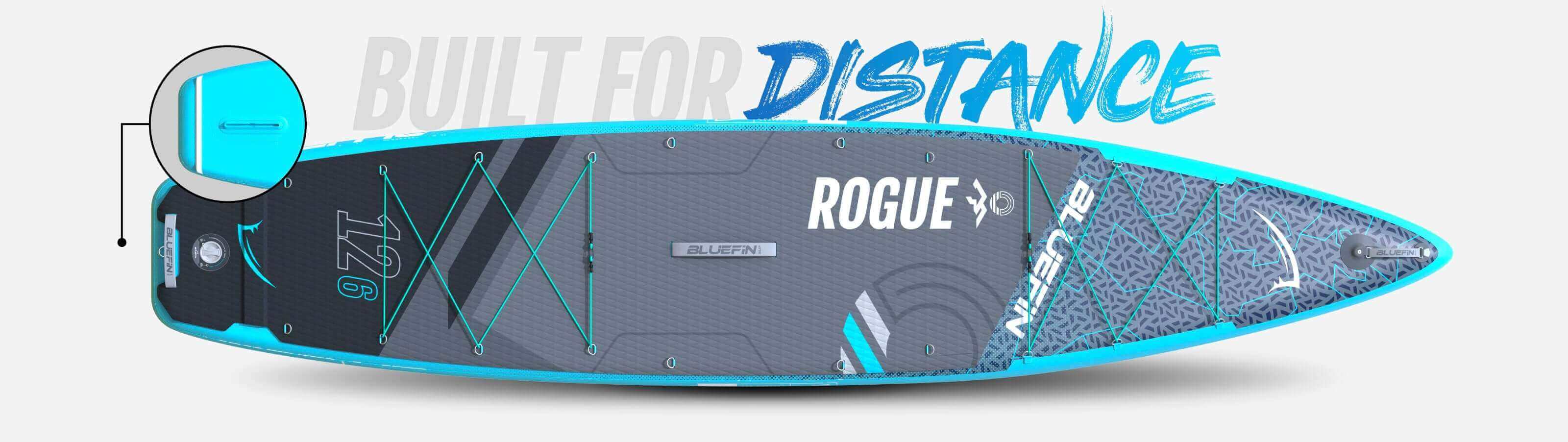 Inflatable paddleboard with blue accents, textured deck, center fin, and bungee storage system.